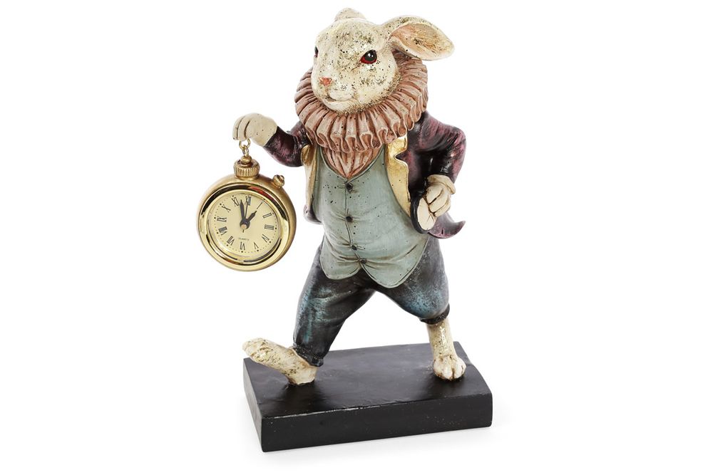 Фото Декоративна статуетка Білий кролик з годинником 24 см